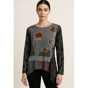 Spencer Alexis Womens Blouse 12 Boho Vintage Patchwork Floral Lace Velvet Top